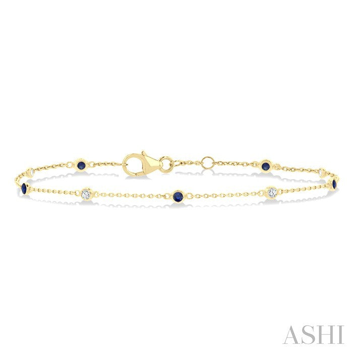 1.8 MM Sapphire and 1/10 Ctw Bezel Set Round Cut Diamond Precious Gemstone Station Bracelet in 14K Yellow Gold