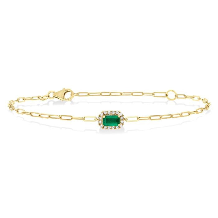 5x3 MM Emerald and 1/20 Ctw Round Cut Diamond Halo Precious Paperclip Bracelet in 10K Yellow Gold
