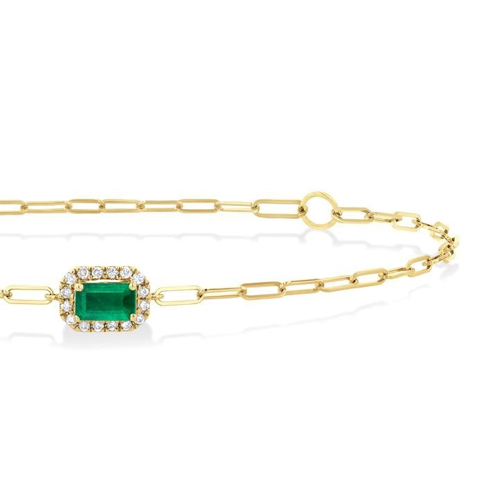 5x3 MM Emerald and 1/20 Ctw Round Cut Diamond Halo Precious Paperclip Bracelet in 10K Yellow Gold