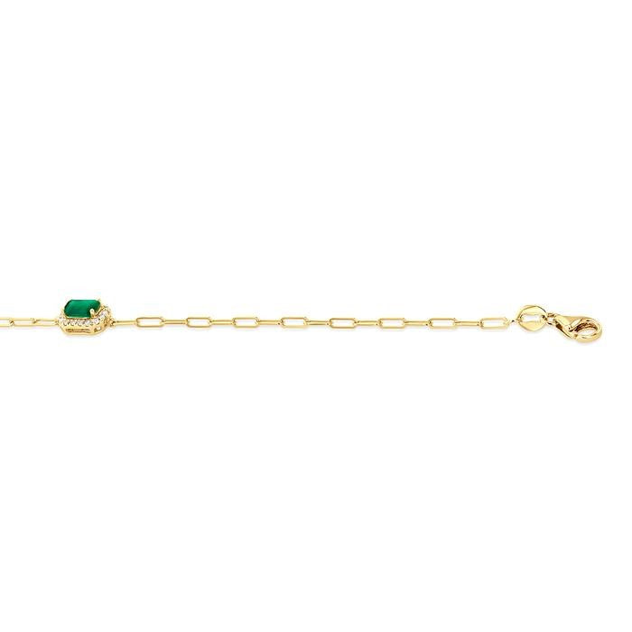 5x3 MM Emerald and 1/20 Ctw Round Cut Diamond Halo Precious Paperclip Bracelet in 10K Yellow Gold
