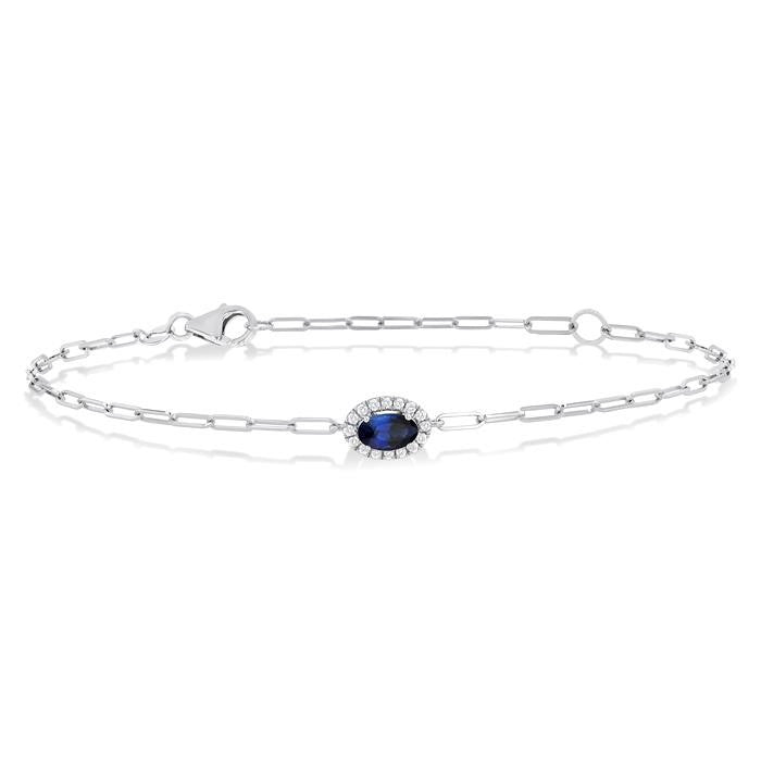 5x3 MM Oval Cut Sapphire and 1/20 Ctw Round Cut Diamond Halo Precious Paperclip Bracelet in 10K White Gold