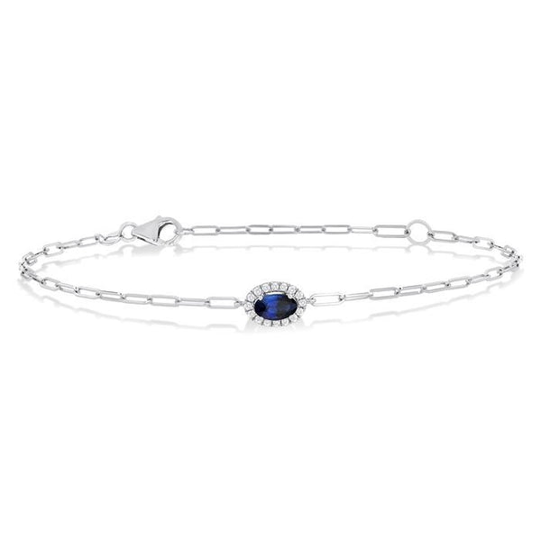 5x3 MM Oval Cut Sapphire and 1/20 Ctw Round Cut Diamond Halo Precious Paperclip Bracelet in 10K White Gold