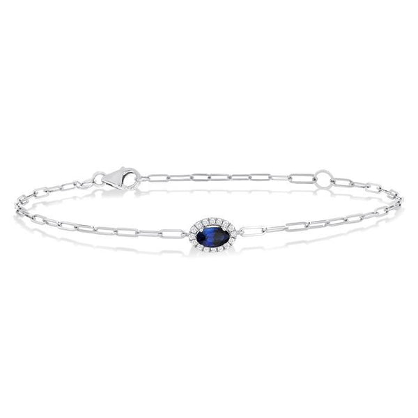 5x3 MM Oval Cut Sapphire and 1/20 Ctw Round Cut Diamond Halo Precious Paperclip Bracelet in 10K White Gold