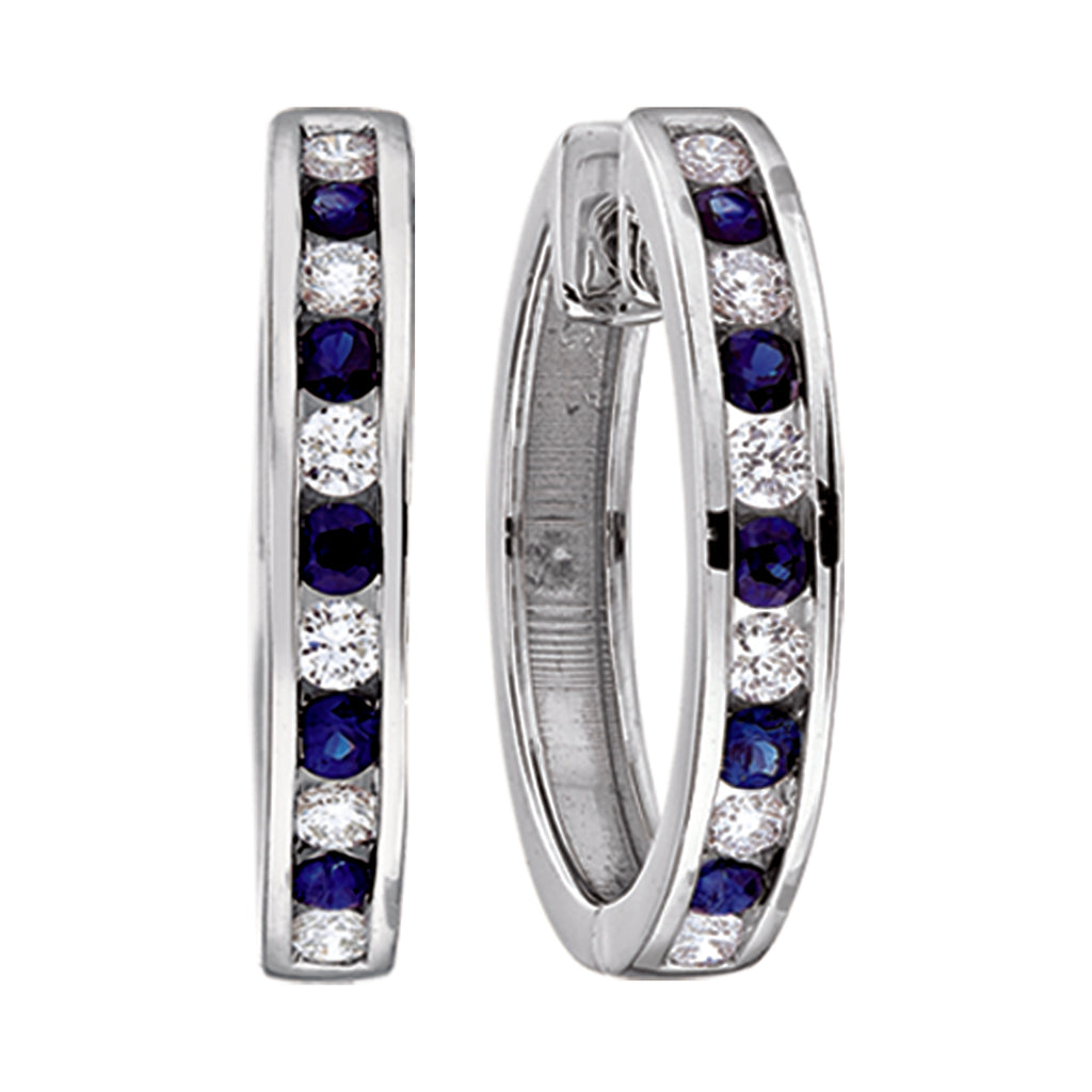 Diamond and Genuine Sapphire Alternating Channel Set Hoop Earrings