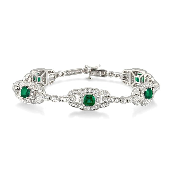 5x5 MM Cushion Cut Emerald and 2 Ctw Round Cut Diamond Precious Bracelet in 14K White Gold