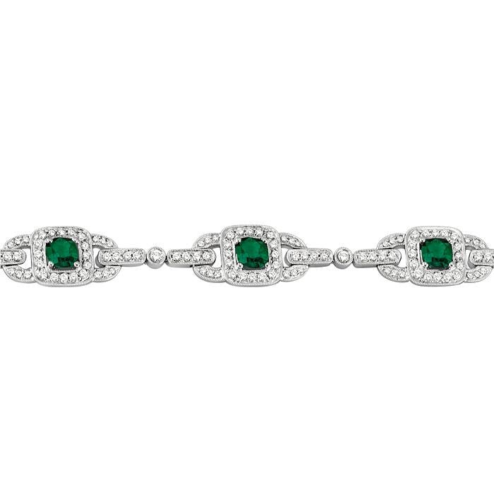 5x5 MM Cushion Cut Emerald and 2 Ctw Round Cut Diamond Precious Bracelet in 14K White Gold
