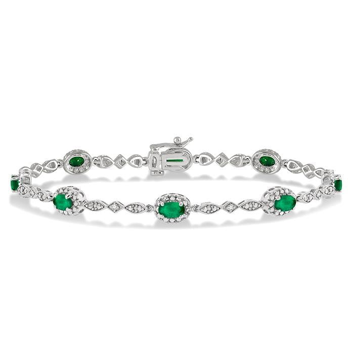 5x3 MM Oval Cut Emerald and 1/20 Ctw Round Cut Diamond Bracelet in 14K White Gold