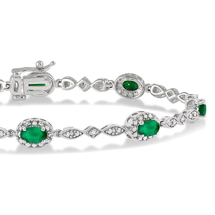 5x3 MM Oval Cut Emerald and 1/20 Ctw Round Cut Diamond Bracelet in 14K White Gold