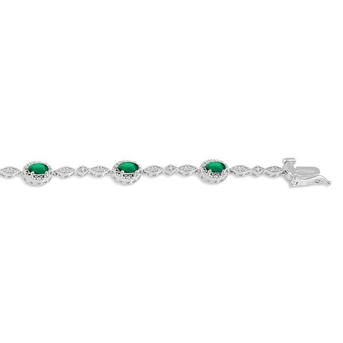 5x3 MM Oval Cut Emerald and 1/20 Ctw Round Cut Diamond Bracelet in 14K White Gold