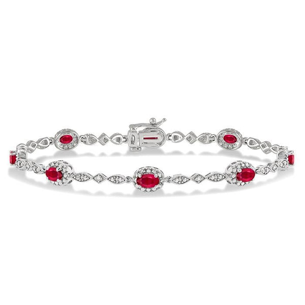 5x3 MM Oval Cut Ruby and 1/20 Ctw Round Cut Diamond Bracelet in 14K White Gold