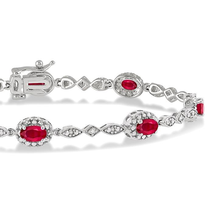 5x3 MM Oval Cut Ruby and 1/20 Ctw Round Cut Diamond Bracelet in 14K White Gold