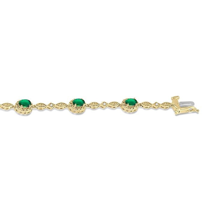 5x3 MM Oval Cut Emerald and 1/20 Ctw Round Cut Diamond Bracelet in 10K Yellow Gold