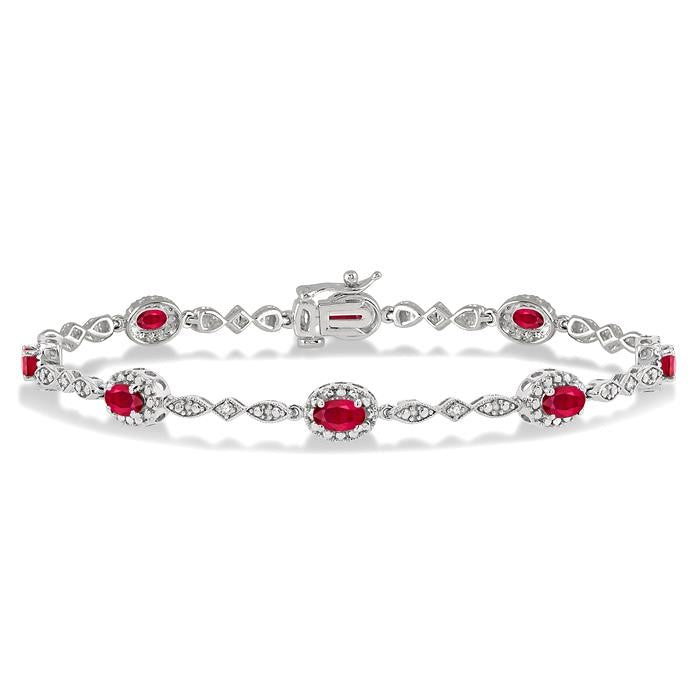 5x3 MM Oval Cut Ruby and 1/20 Ctw Round Cut Diamond Bracelet in 10K White Gold