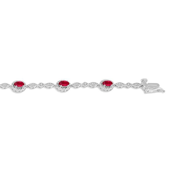 5x3 MM Oval Cut Ruby and 1/20 Ctw Round Cut Diamond Bracelet in 10K White Gold
