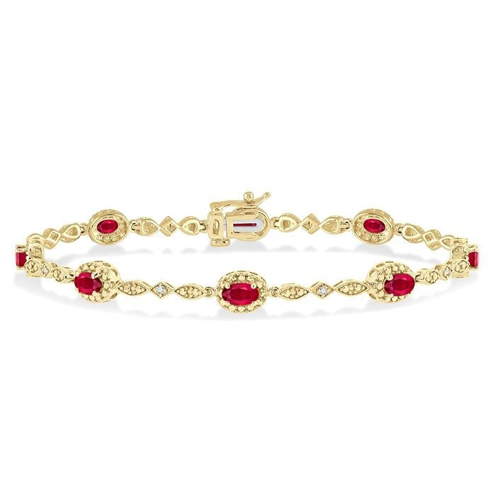 5x3 MM Oval Cut Ruby and 1/20 Ctw Round Cut Diamond Bracelet in 10K Yellow Gold