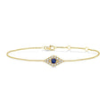 2.60 MM Round Cut Sapphire and 1/10 Ctw Evil Eye Round Cut Diamond Precious Petite Fashion Bracelet in 10K Yellow Gold