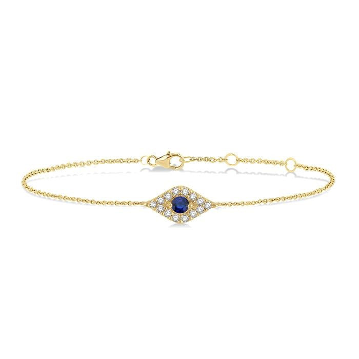 2.60 MM Round Cut Sapphire and 1/10 Ctw Evil Eye Round Cut Diamond Precious Petite Fashion Bracelet in 10K Yellow Gold