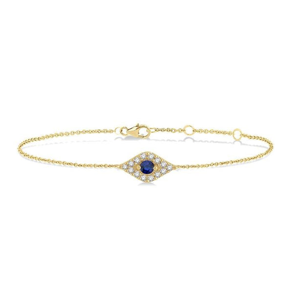 2.60 MM Round Cut Sapphire and 1/10 Ctw Evil Eye Round Cut Diamond Precious Petite Fashion Bracelet in 10K Yellow Gold