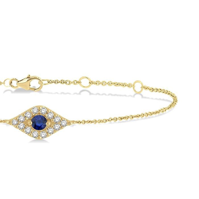 2.60 MM Round Cut Sapphire and 1/10 Ctw Evil Eye Round Cut Diamond Precious Petite Fashion Bracelet in 10K Yellow Gold