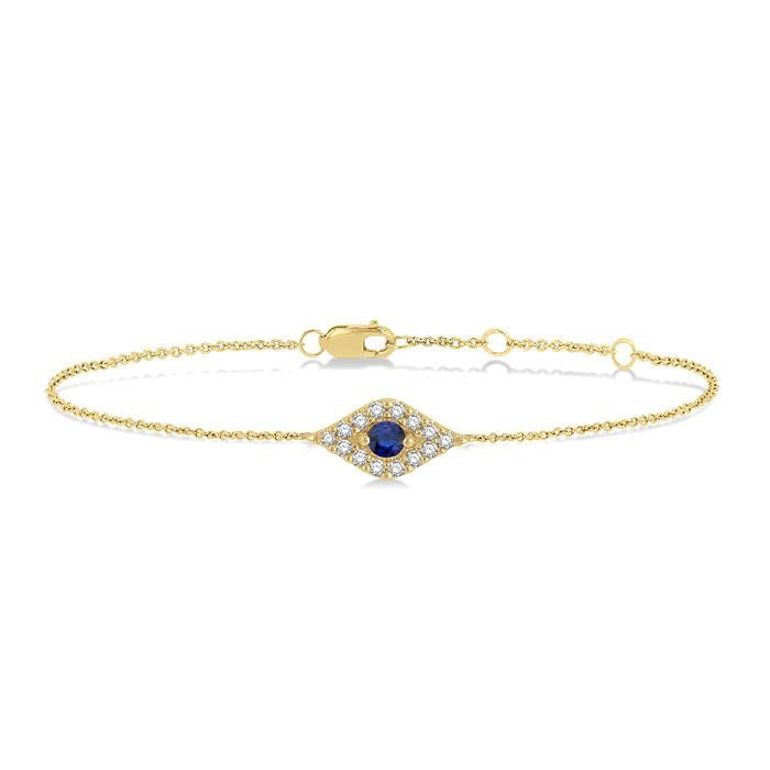 2.60 MM Round Cut Sapphire and 1/10 Ctw Evil Eye Round Cut Diamond Precious Petite Fashion Bracelet in 10K Yellow Gold