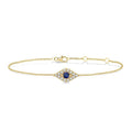 2.60 MM Round Cut Sapphire and 1/10 Ctw Evil Eye Round Cut Diamond Precious Petite Fashion Bracelet in 10K Yellow Gold