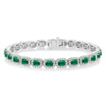 4X3 MM Emerald Cut Emerald and 2 1/5 Ctw Round Cut Diamond Halo Precious Bracelet in 14K White Gold