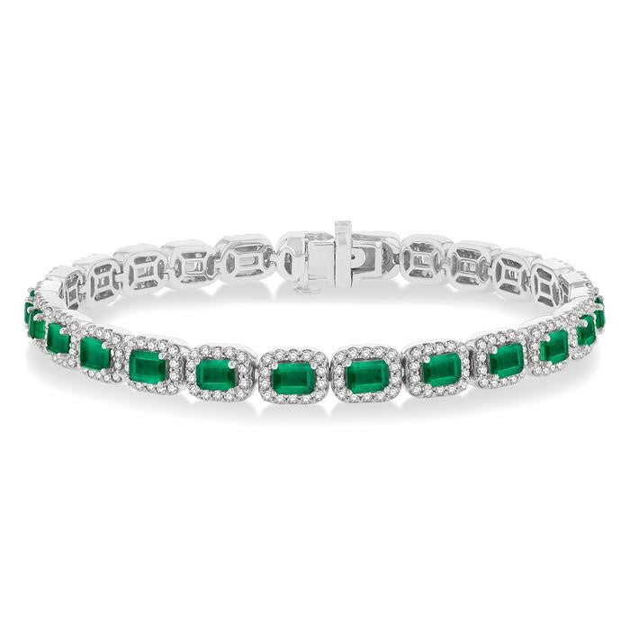 4X3 MM Emerald Cut Emerald and 2 1/5 Ctw Round Cut Diamond Halo Precious Bracelet in 14K White Gold