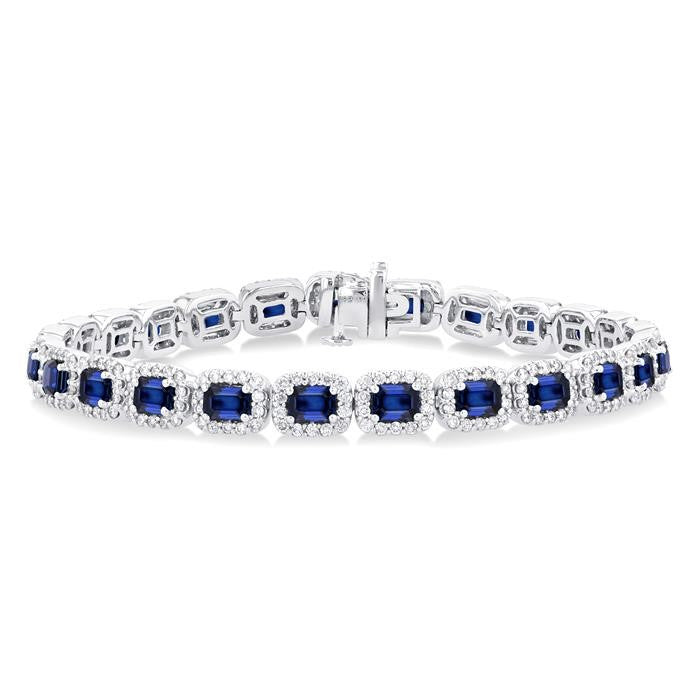 4X3 MM Emerald Cut Sapphire and 2 1/5 Ctw Round Cut Diamond Halo Precious Bracelet in 14K White Gold