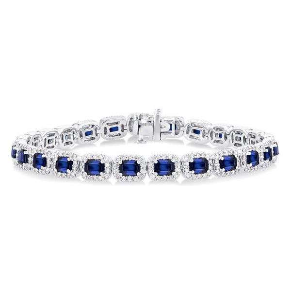 4X3 MM Emerald Cut Sapphire and 2 1/5 Ctw Round Cut Diamond Halo Precious Bracelet in 14K White Gold