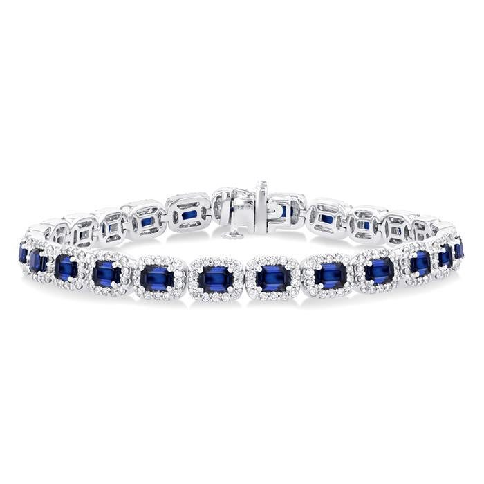 4X3 MM Emerald Cut Sapphire and 2 1/5 Ctw Round Cut Diamond Halo Precious Bracelet in 14K White Gold