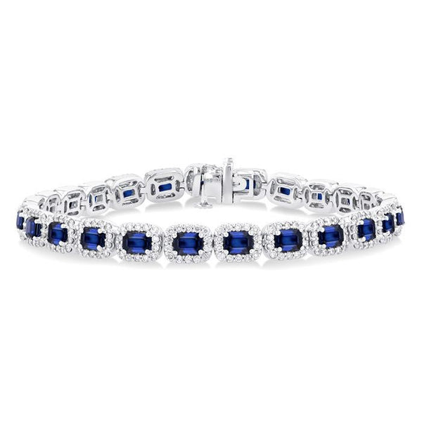 4X3 MM Emerald Cut Sapphire and 2 1/5 Ctw Round Cut Diamond Halo Precious Bracelet in 14K White Gold