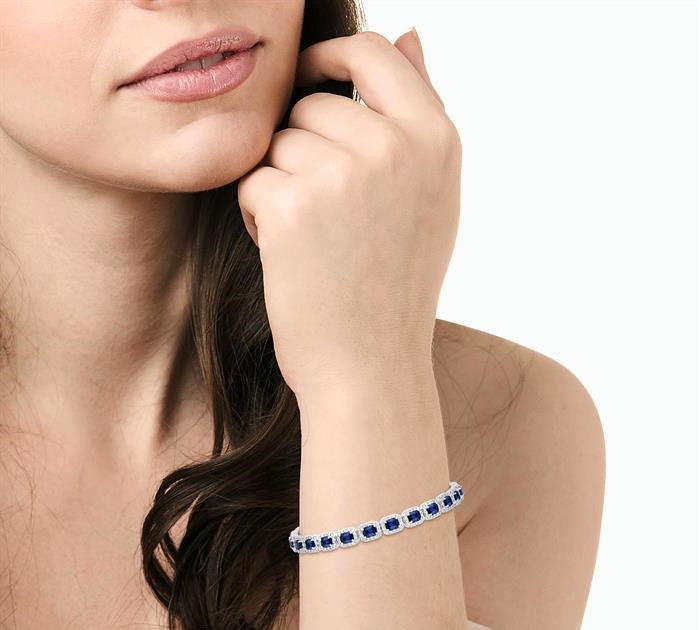 4X3 MM Emerald Cut Sapphire and 2 1/5 Ctw Round Cut Diamond Halo Precious Bracelet in 14K White Gold