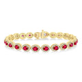 4X3 MM Oval Cut Ruby and 2 1/6 Ctw Round Cut Diamond Halo Precious Bracelet in 14K Yellow Gold