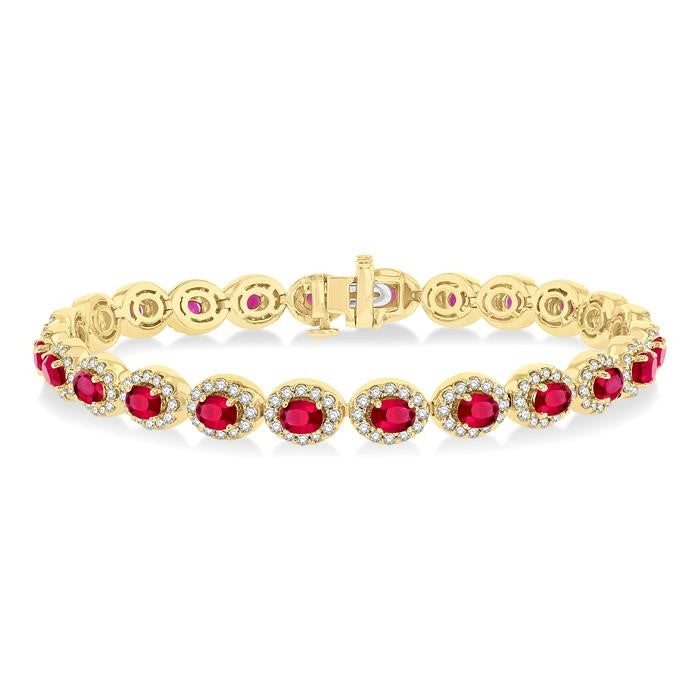 4X3 MM Oval Cut Ruby and 2 1/6 Ctw Round Cut Diamond Halo Precious Bracelet in 14K Yellow Gold