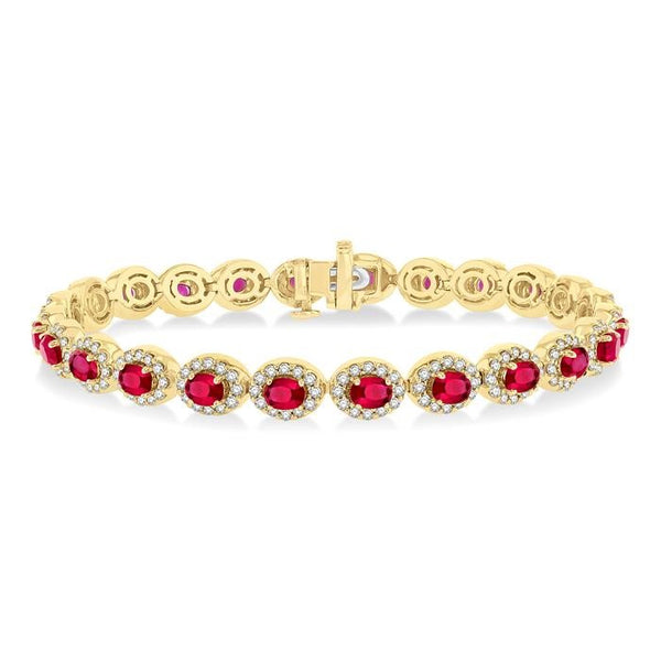 4X3 MM Oval Cut Ruby and 2 1/6 Ctw Round Cut Diamond Halo Precious Bracelet in 14K Yellow Gold