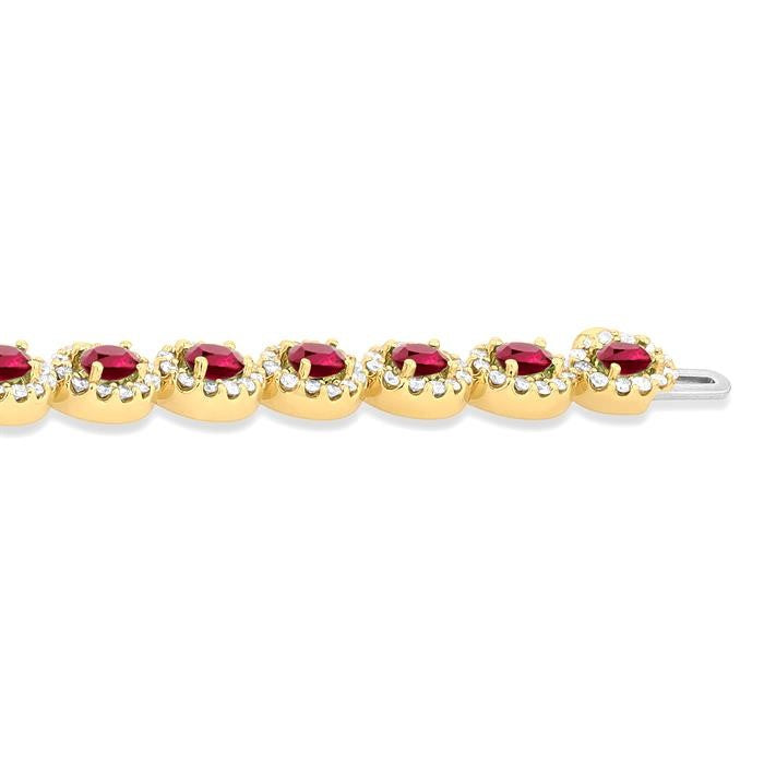 4X3 MM Oval Cut Ruby and 2 1/6 Ctw Round Cut Diamond Halo Precious Bracelet in 14K Yellow Gold