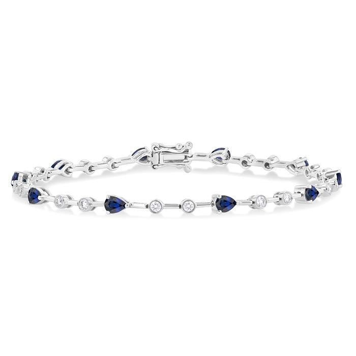 4x3 MM Pear Cut Sapphire and 1/2 Ctw Round Cut Diamond Precious Bracelet in 14K White Gold