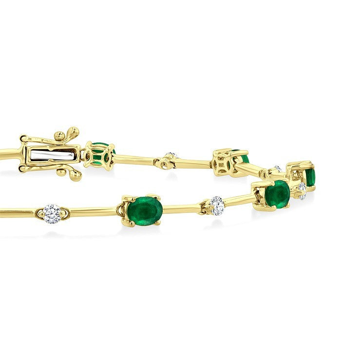 4x3 MM Oval Cut Emerald and 1/3 Ctw Round Cut Diamond Precious Bar Bracelet in 10K Yellow Gold