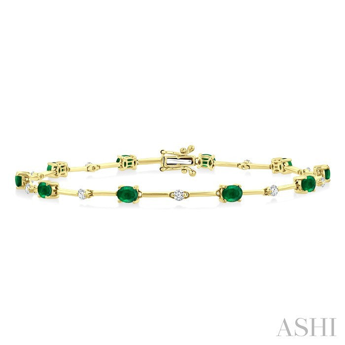 4x3 MM Oval Cut Emerald and 1/3 Ctw Round Cut Diamond Precious Bar Bracelet in 10K Yellow Gold