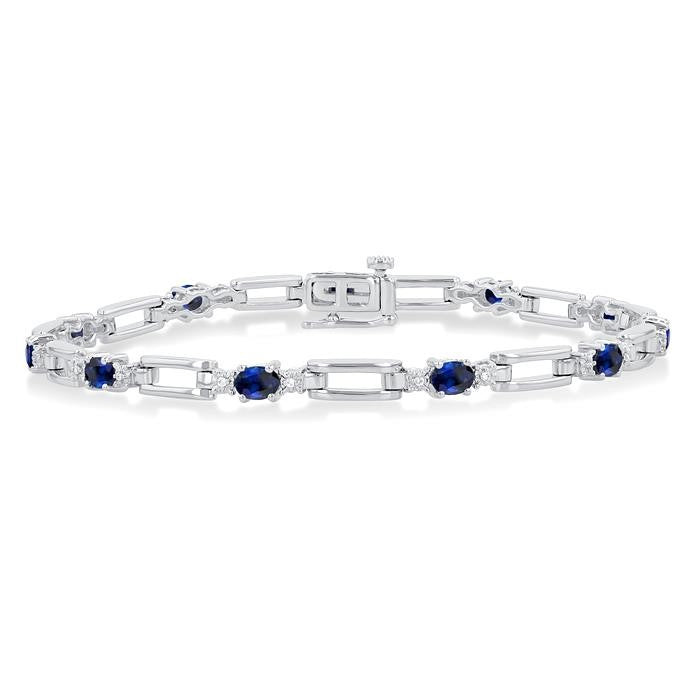 4X3 MM Oval Cut Sapphire and 1/10 Ctw Round Cut Diamond Paperclip Bracelet in 14K White Gold