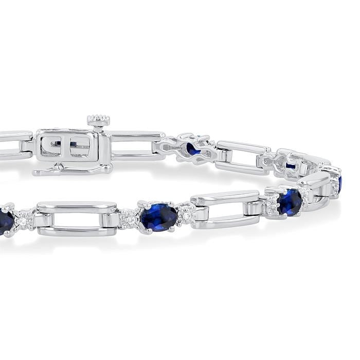 4X3 MM Oval Cut Sapphire and 1/10 Ctw Round Cut Diamond Paperclip Bracelet in 14K White Gold