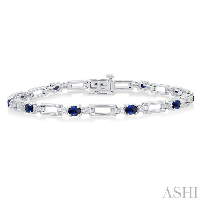 4X3 MM Oval Cut Sapphire and 1/10 Ctw Round Cut Diamond Paperclip Bracelet in 14K White Gold