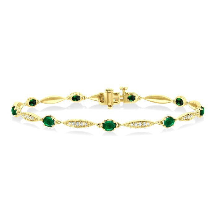 4X3 MM Oval Cut Emerald and 1/4 Ctw Round Cut Diamond Precious Bracelet in 10K Yellow Gold