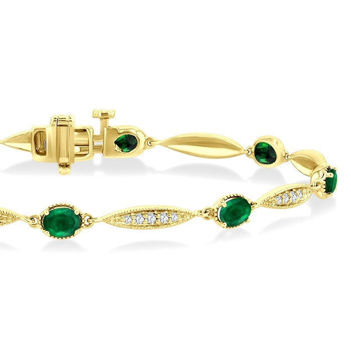 4X3 MM Oval Cut Emerald and 1/4 Ctw Round Cut Diamond Precious Bracelet in 10K Yellow Gold