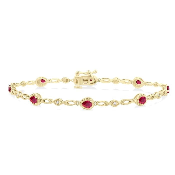 4X3 MM Pear Cut Ruby and 1/20 Ctw Round Cut Diamond Precious Fashion Bracelet in 10K Yellow Gold