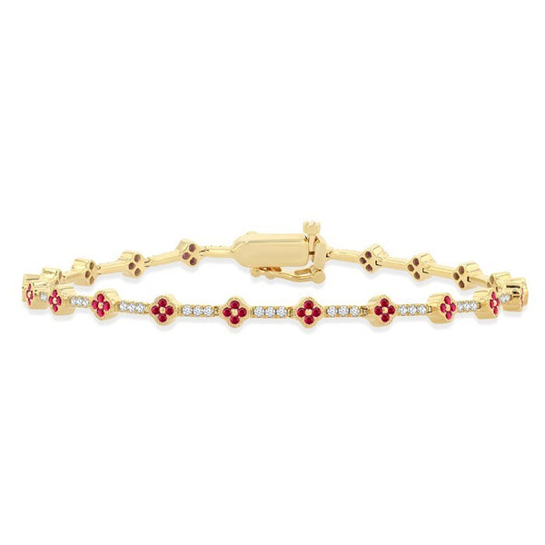 1 MM Round Shape Ruby and 1/2 Ctw Clover Leaf & Bar Link Round Cut Diamond Precious Bracelet in 14K Yellow Gold