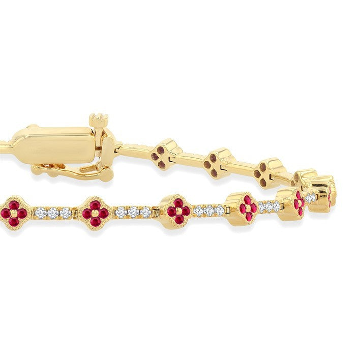 1 MM Round Shape Ruby and 1/2 Ctw Clover Leaf & Bar Link Round Cut Diamond Precious Bracelet in 14K Yellow Gold