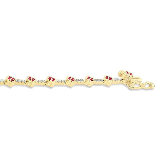 1 MM Round Shape Ruby and 1/2 Ctw Clover Leaf & Bar Link Round Cut Diamond Precious Bracelet in 14K Yellow Gold