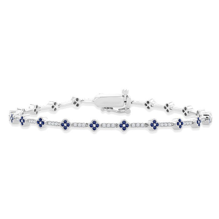 1 MM Round Shape Sapphire and 1/2 Ctw Clover Leaf & Bar Link Round Cut Diamond Precious Bracelet in 14K White Gold