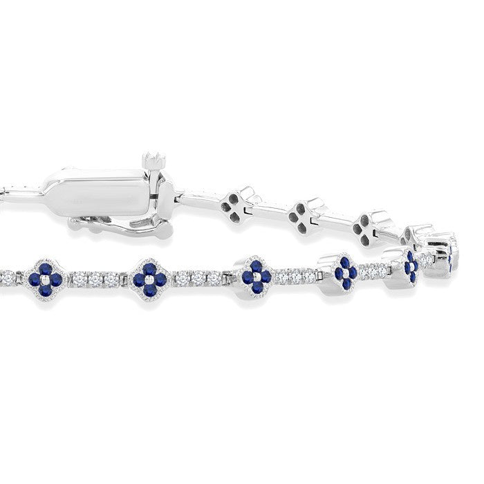 1 MM Round Shape Sapphire and 1/2 Ctw Clover Leaf & Bar Link Round Cut Diamond Precious Bracelet in 14K White Gold